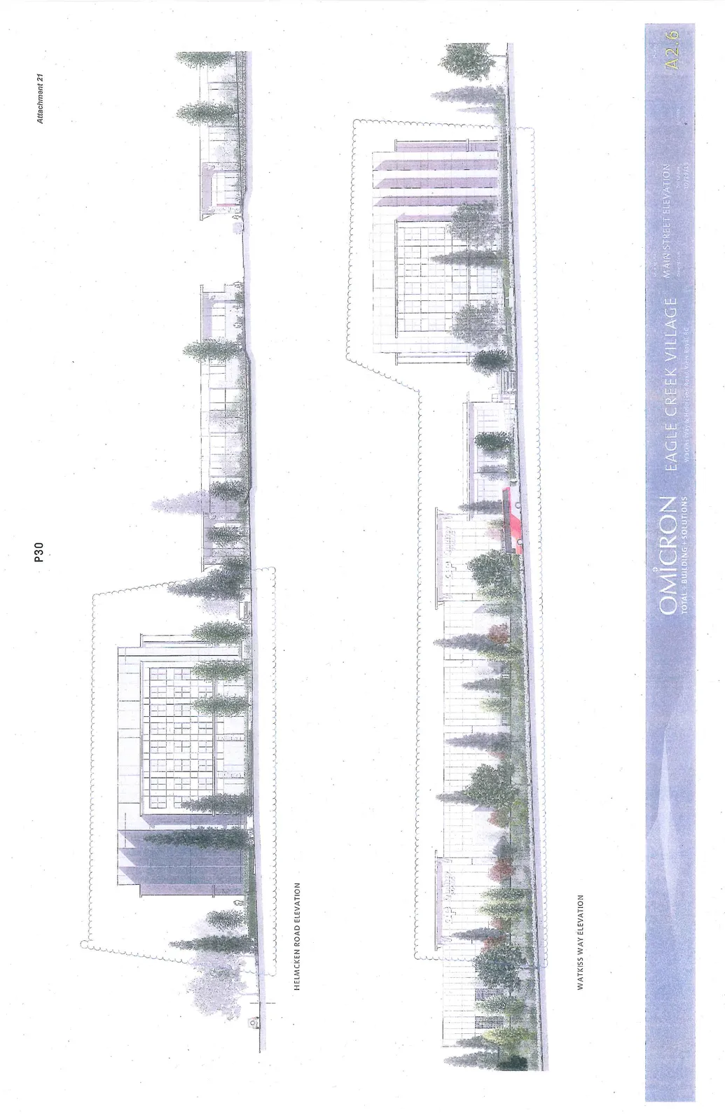 Architectural elevation renderings for the Eagle Creek Village development. The top rendering shows the "Helmcken Road Elevation," featuring a multi-story building adjacent to single-story commercial structures with landscaping. The bottom rendering shows the "Watkiss Way Elevation," depicting a sequence of retail storefronts, a larger building, and a red transit bus on the street.