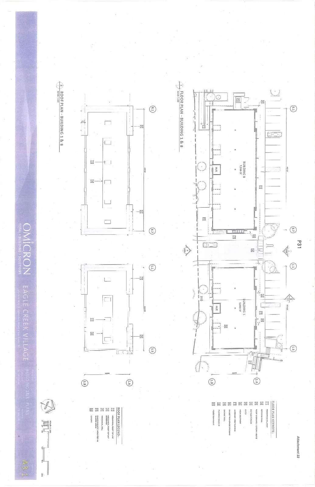Architectural drawing showing the Floor Plan and Roof Plan for Building 1 and Building 8, including keynotes, legends, and project details.