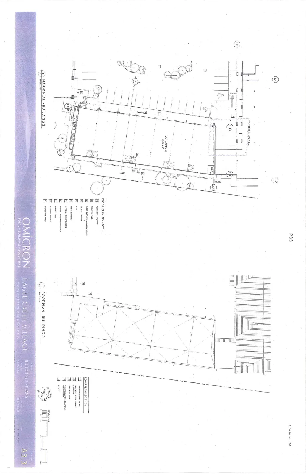 Architectural drawing sheet A3.3 showing the Floor Plan and Roof Plan for Building 2 of Eagle Creek Village, including keynote and legend tables.