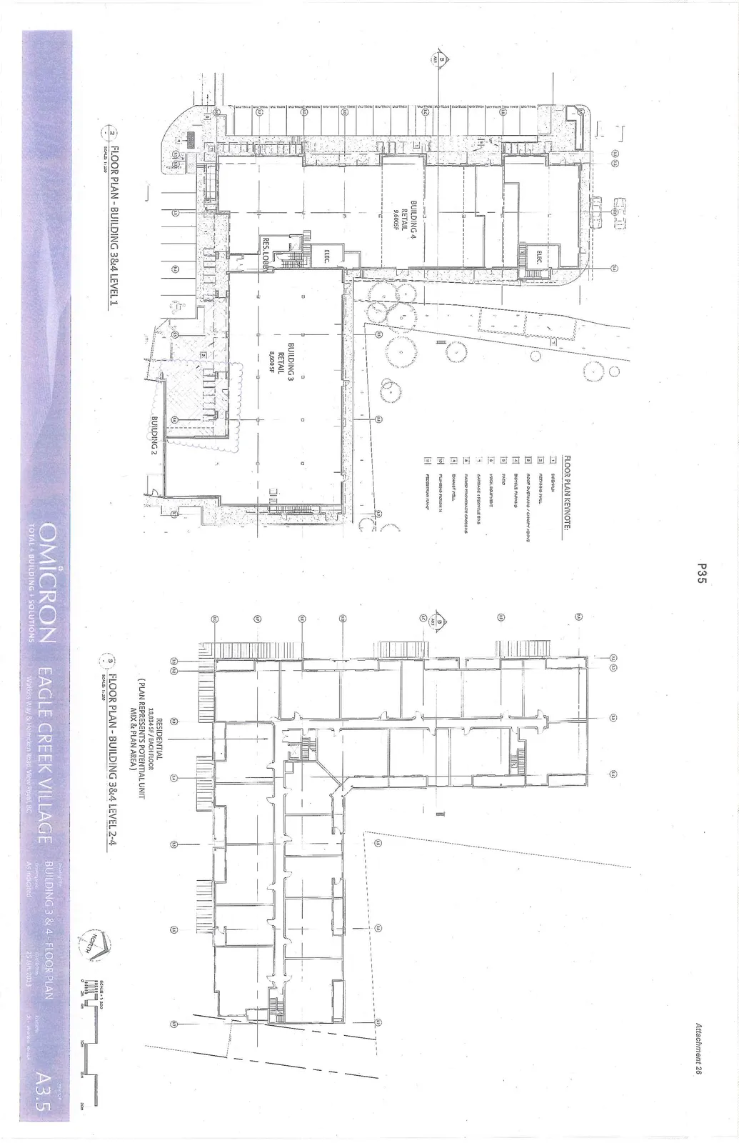 Architectural floor plan drawing for Buildings 3 and 4, featuring Level 1 with retail spaces and Levels 2-4 with residential units, including a keynote list and site context.