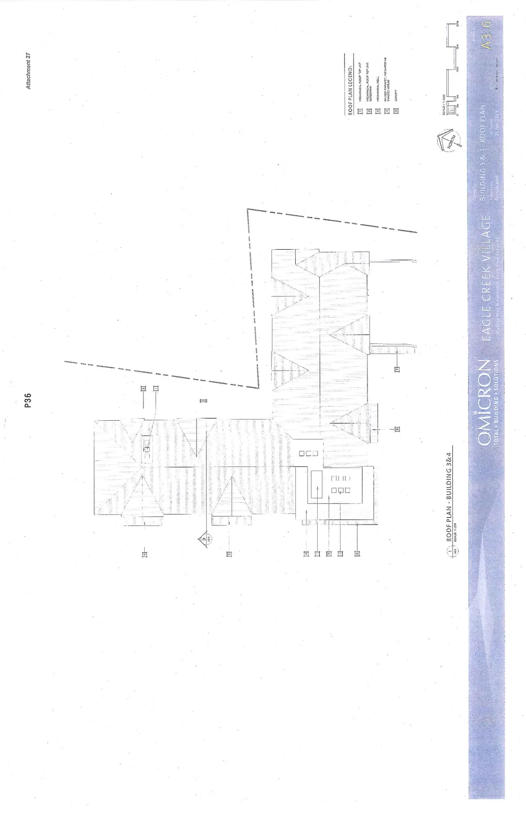 Architectural roof plan diagram for Buildings 3 and 4 at Eagle Creek Village, featuring detailed roof slopes, mechanical equipment locations, and structural outlines.
