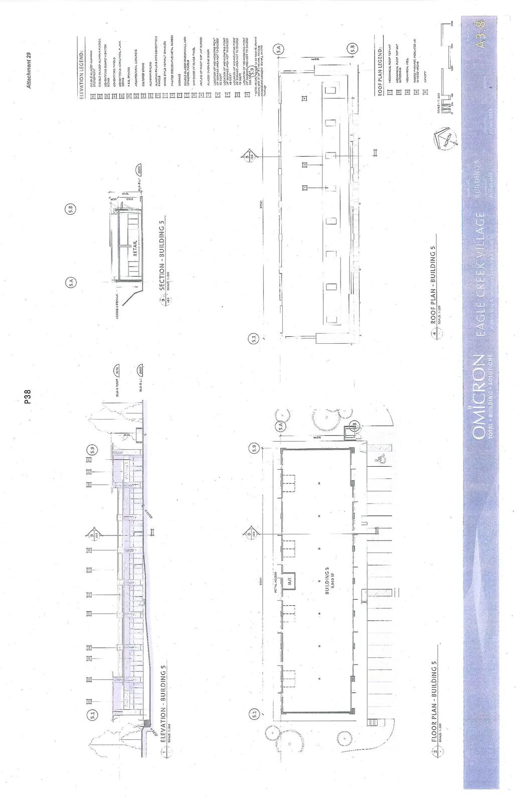 Architectural drawing sheet A3.8 for Building 5, including elevation, section, floor plan, and roof plan views with legends.