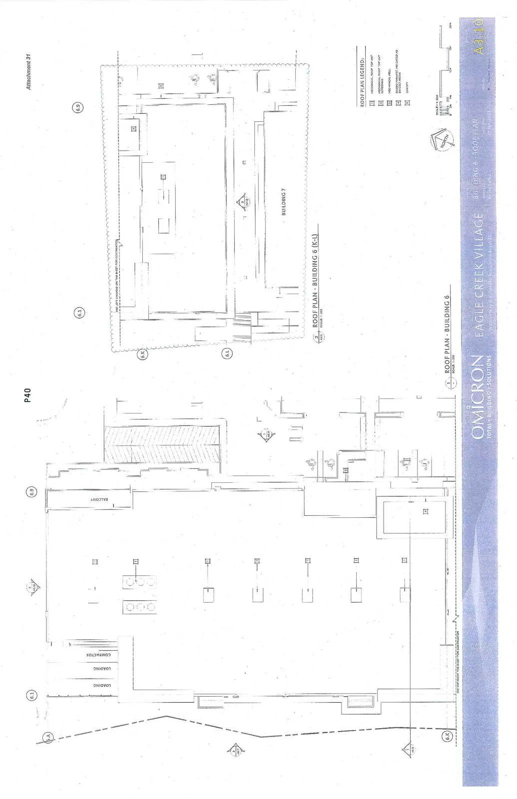 Architectural drawing sheet A3.10 displaying the roof plans for Building 6, featuring two distinct plan views and a corresponding legend.