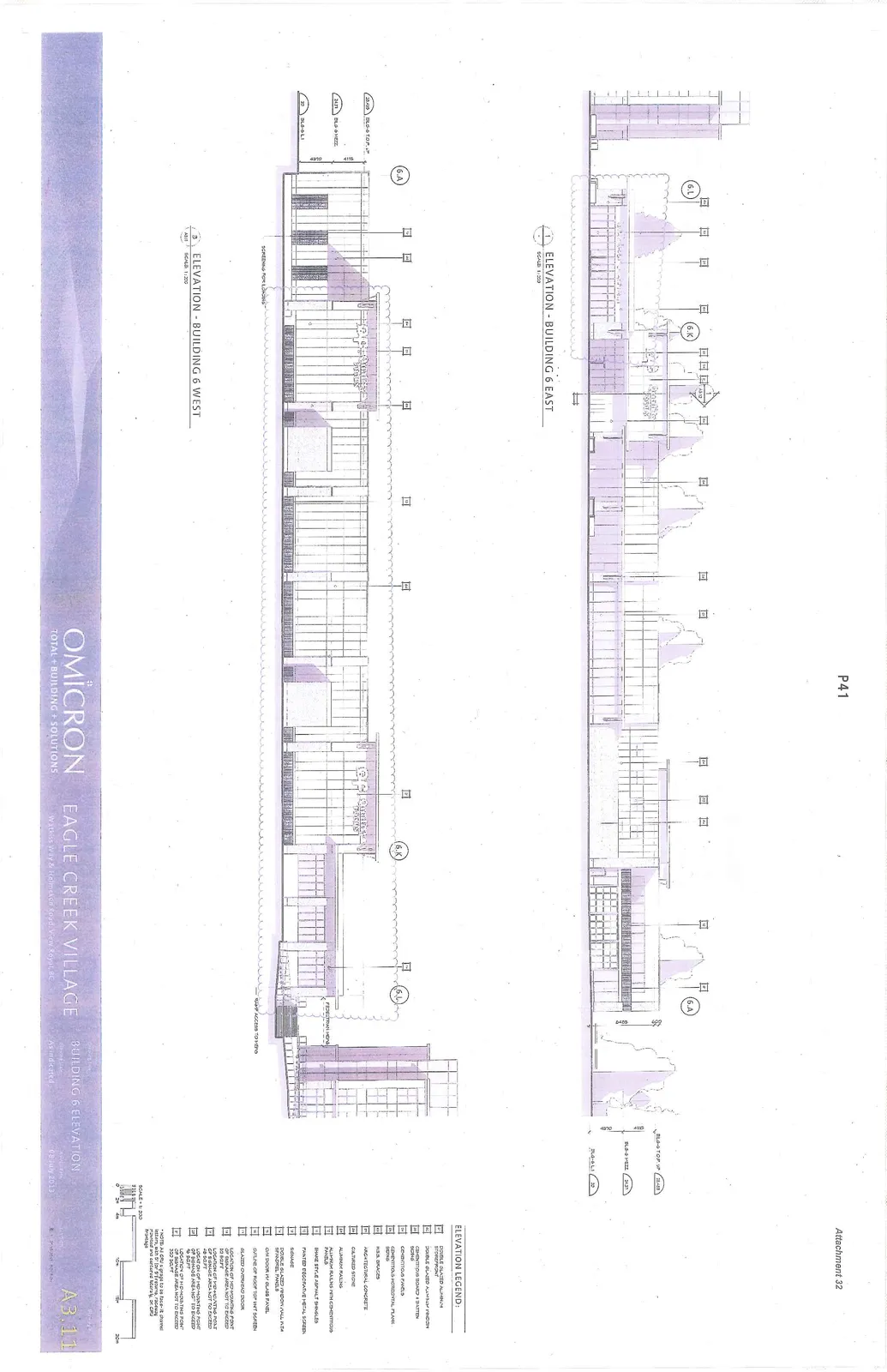 Architectural elevations for Building 6 of Eagle Creek Village, including East and West views, detailed with material labels and height markers.