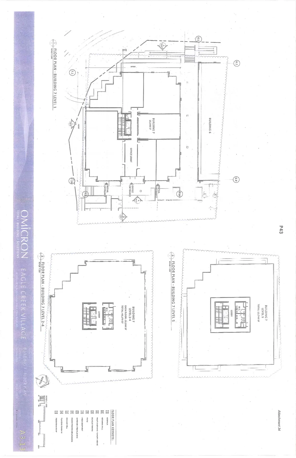 Architectural drawing sheet A3.13 displaying floor plans for Building 7 at Level 1, Level 2-4, and Level 5, along with a keynote legend and site context.