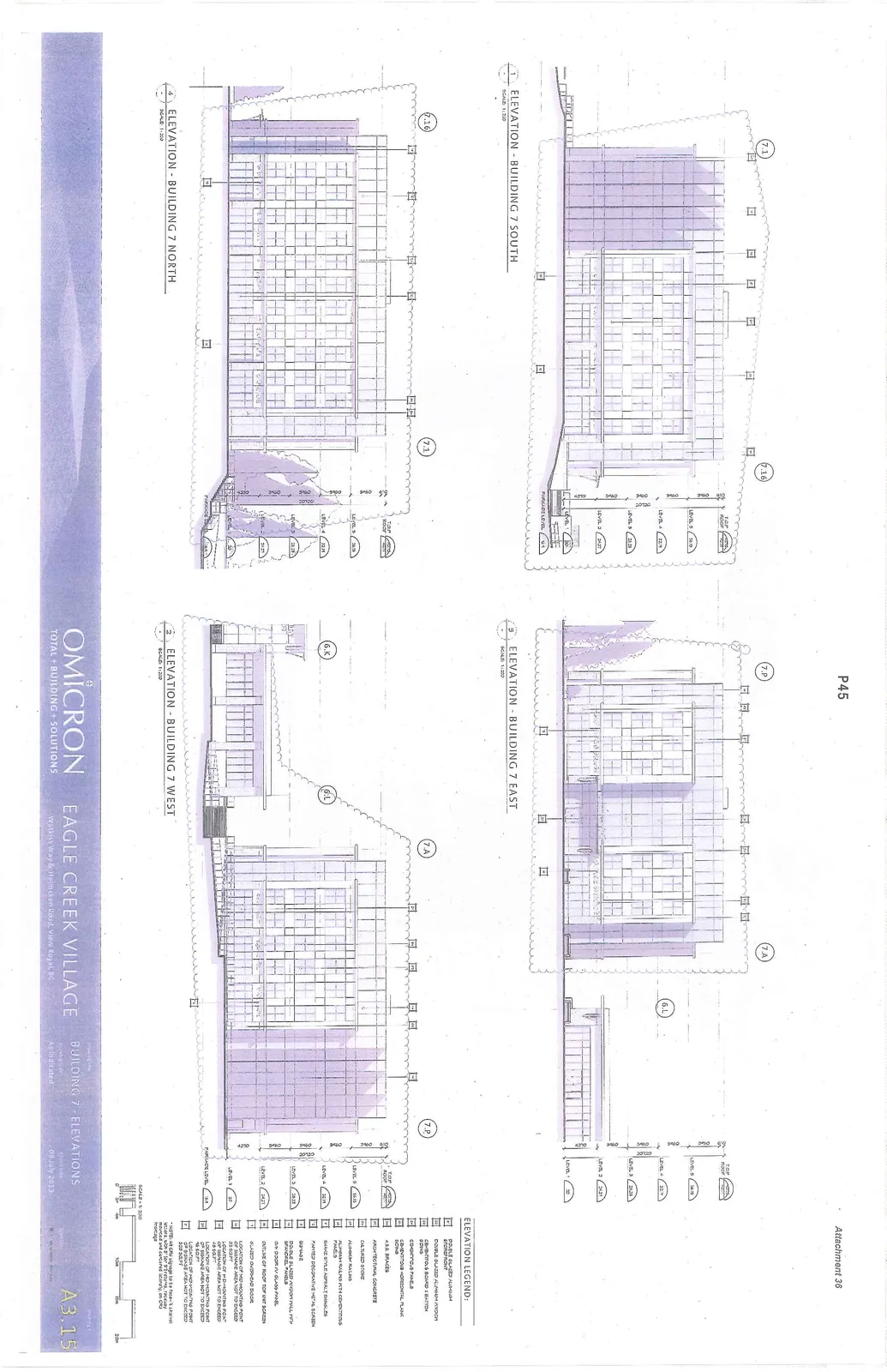 Architectural elevation drawings showing Building 7 South, Building 7 East, Building 7 North, and Building 7 West. The drawings include labels for building levels, floor heights, and material references corresponding to the elevation legend.