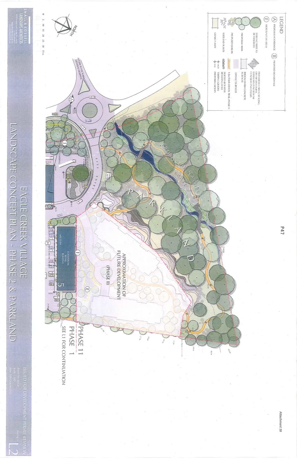 Landscape Concept Plan for Eagle Creek Village Phase 2 & Parkland, detailing the proposed nature trail, parkland areas, future development (Phase II), and Commercial Retail Building 5 (Phase 1).