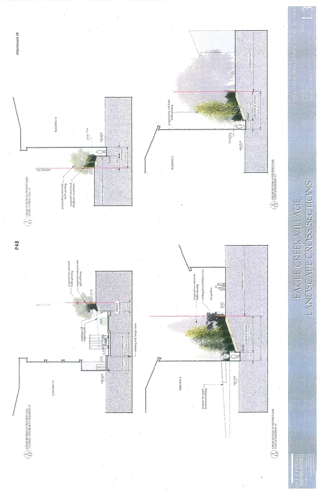 Technical landscape cross-sections for Eagle Creek Village, detailing the interface between site buildings and property lines, including buffer plantings, retaining walls, and elevations.