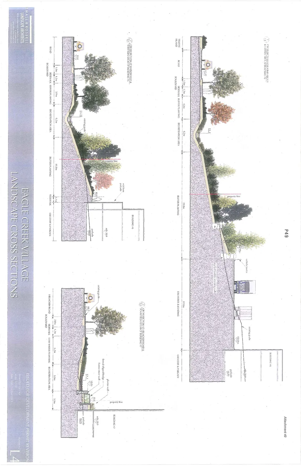 Landscape architectural cross sections for Eagle Creek Village, detailing three distinct areas: Round-About Loading Area at Building #6, Watkiss Way & West Elevation of Building #6, and Helmcken Road & South Elevation of Building #7.
