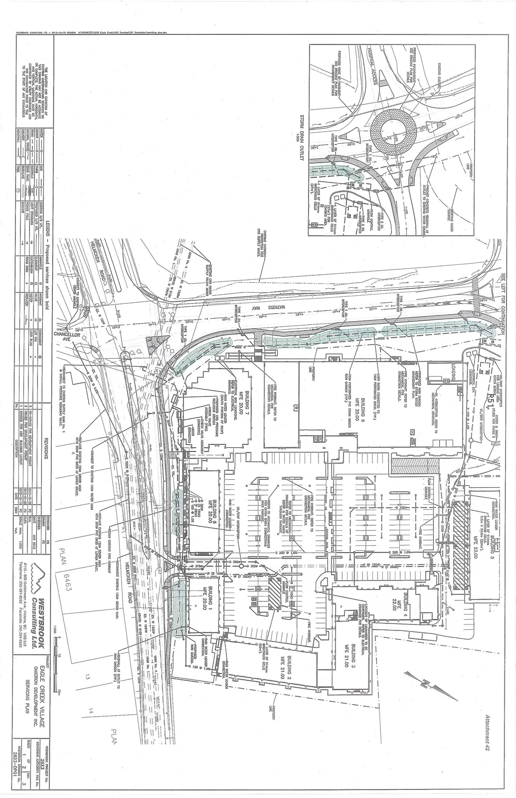 Detailed engineering servicing plan for Eagle Creek Village, showing buildings 1 through 8, surrounding roads (Watkiss Way, Helmcken Road, Chancellor Ave), and underground utility layouts for water, sewer, and storm drainage. Includes an inset map for the storm drain outlet and a roundabout.