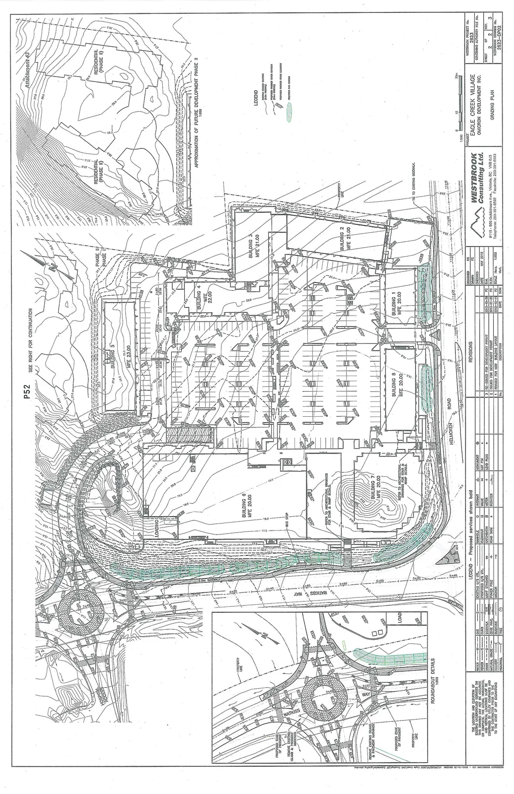 Site Grading Plan for Eagle Creek Village showing building locations, site contours, road layouts for Watkiss Way and Helmcken Road, and a roundabout detail.