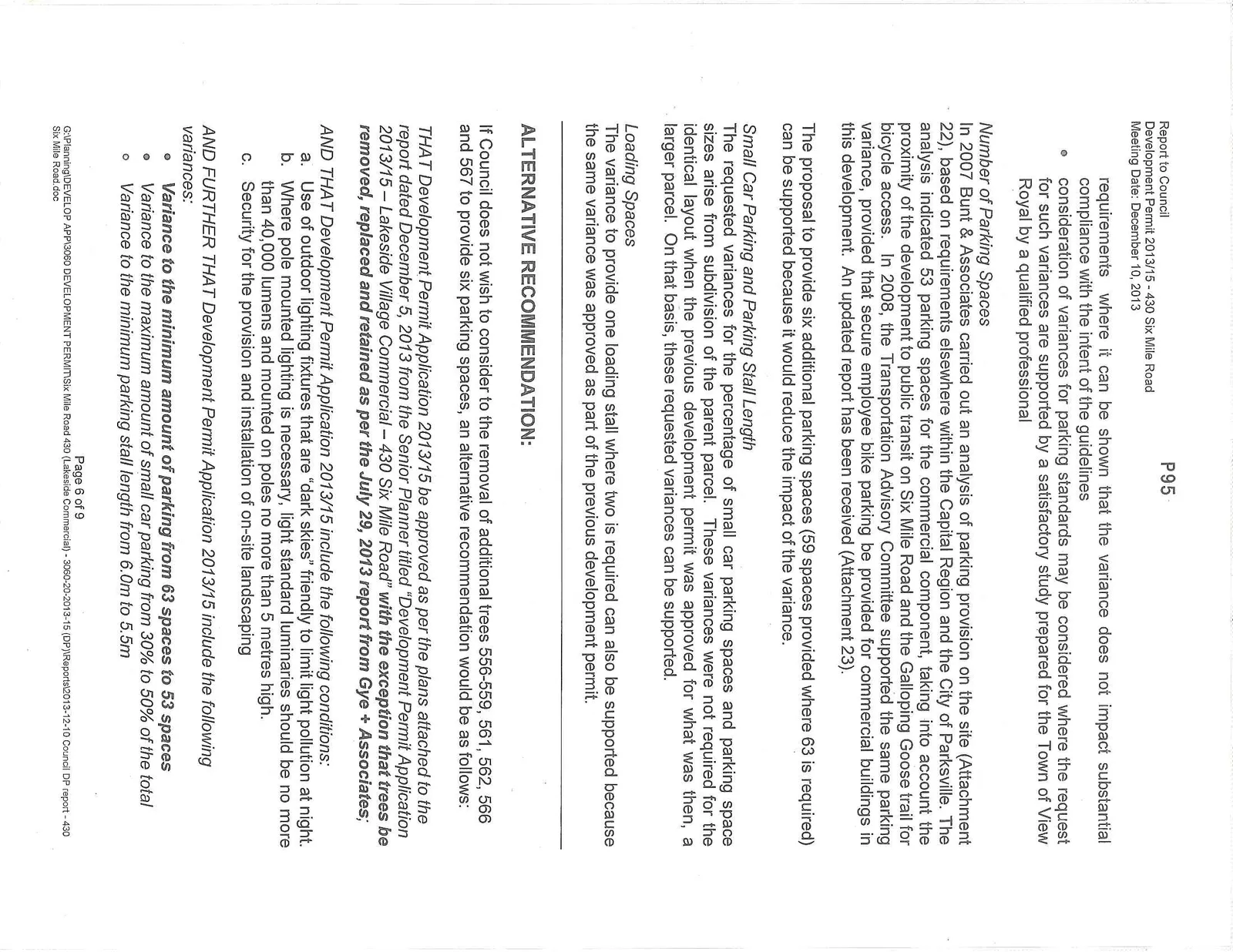 Text discussing parking numbers, small car parking, stall length, loading spaces, and an alternative recommendation