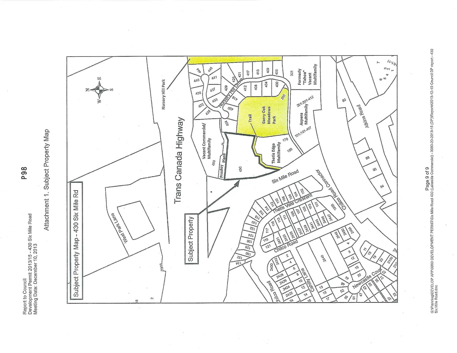 Subject Property Map - 430 Six Mile Road, identifying the location of the subject property relative to the Trans Canada Highway, Nursery Hill Park, Garry Oak Meadows Park, and surrounding residential streets including Six Mile Road, Chilco Road, and Atkins Road.