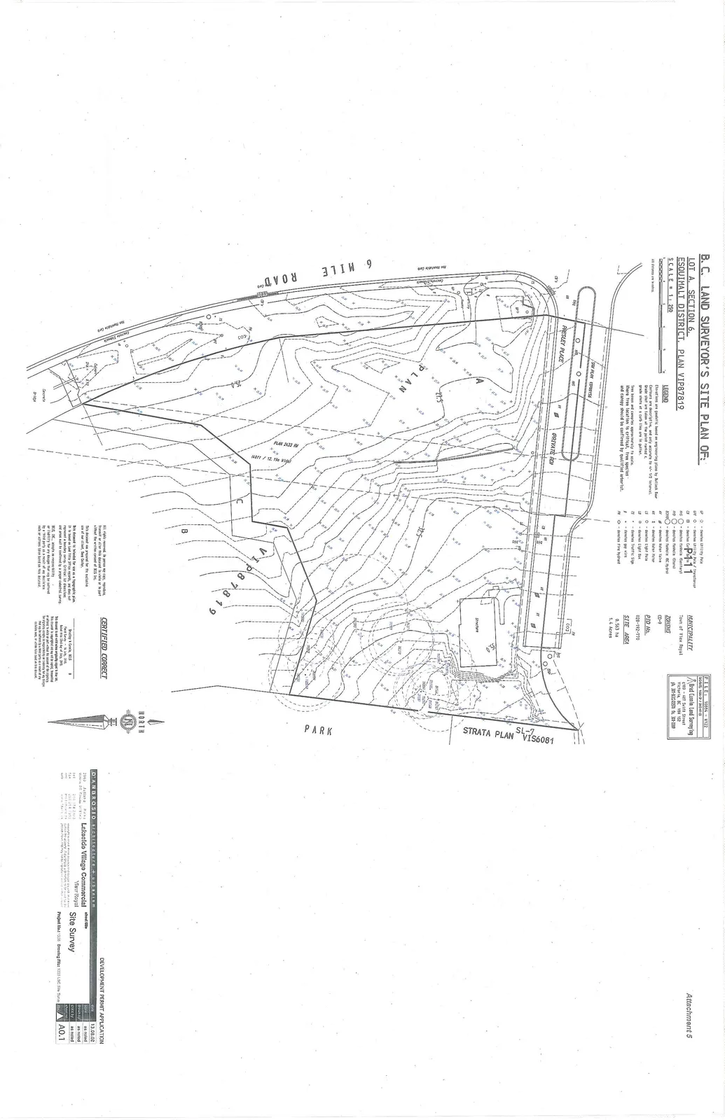 Topographic site survey map showing property boundaries for Lot A, Plan VIP87819, with contour lines, existing structures, and proximity to 6 Mile Road, Presley Place, and an adjacent park and strata development.