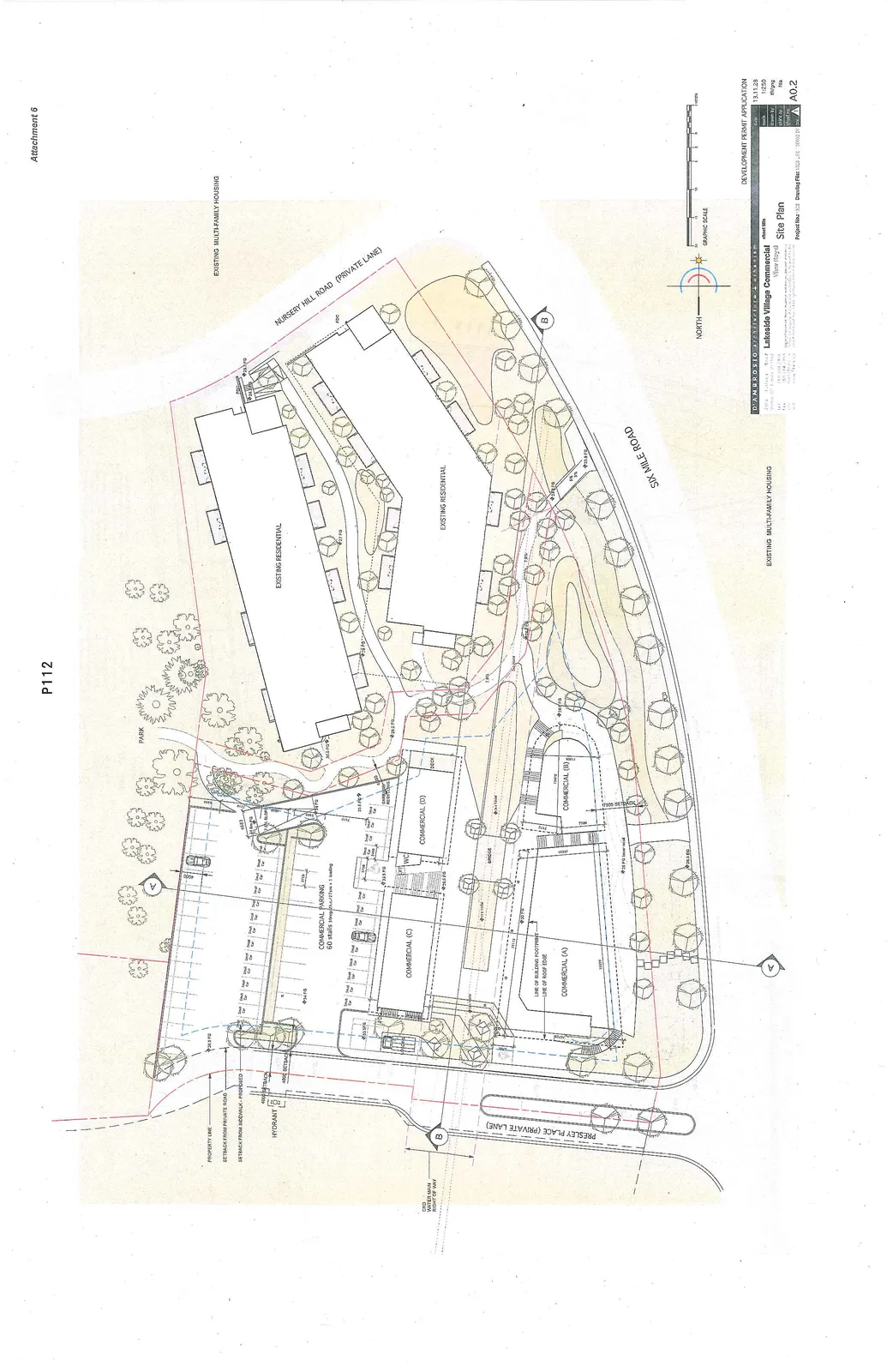 Detailed site plan for the Lakeside Village Commercial development in View Royal, showing four proposed commercial buildings (A, B, C, and D), existing residential buildings, parking areas, and surrounding roads including Six Mile Road, Presley Place, and Nursery Hill Road.