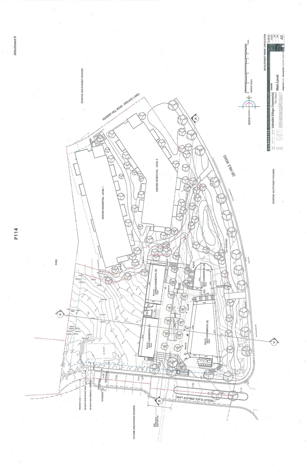 Site plan drawing for Lakeside Village Commercial showing building footprints, surrounding roads, and landscaping.