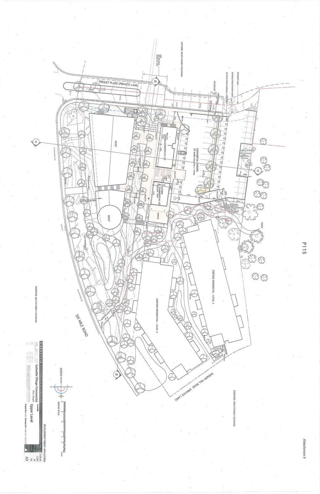 Site plan for the upper level of Lakeside Village Commercial, showing building footprints for Upper Commercial (C) and (D), parking layout, existing residential structures, and adjacent roads.
