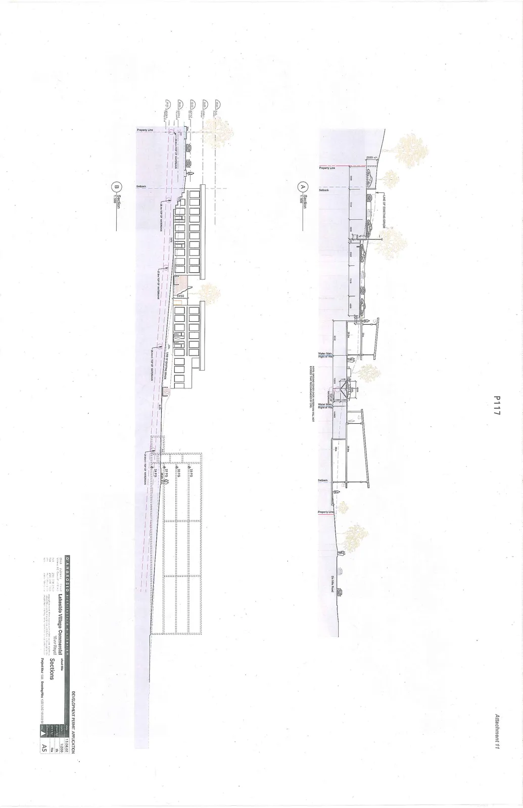 Architectural sections A and B for Lakeside Village Commercial, showing site topography, building levels, and watermain alignments.