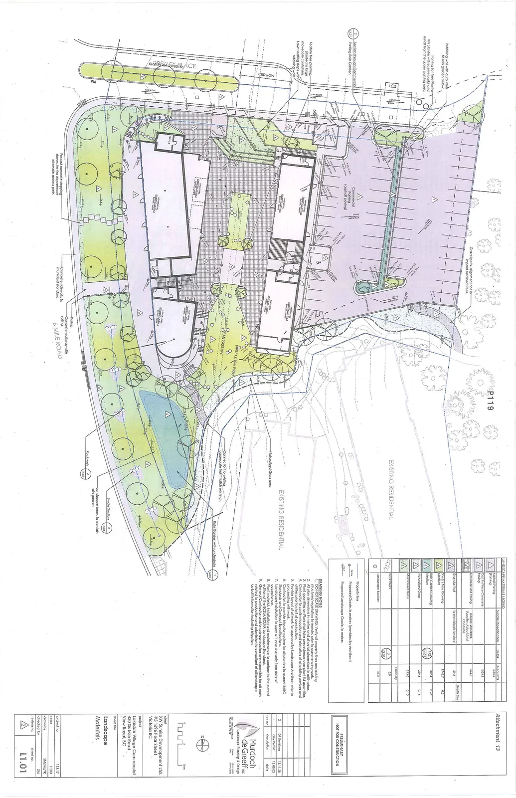 Landscape Materials plan for Lakeside Village Commercial at 430 Six Mile Road, View Royal, BC. The plan shows building footprints, parking areas, walkways, rain gardens, and existing residential adjacencies.