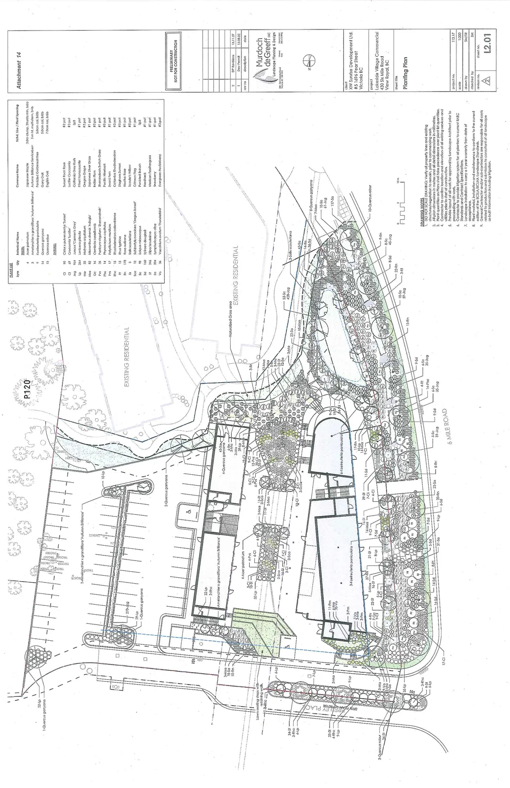 Detailed landscape architectural planting plan for the Lakeside Village Commercial project at 430 Six Mile Road. The drawing features building footprints, parking areas, and designated planting beds. Each planting area is marked with codes and quantities corresponding to the Plant List (e.g., '22-Lp', '4-Acer palmatum'). Labels also identify surrounding areas such as 'EXISTING RESIDENTIAL', '6 MILE ROAD', and 'WESTLEY PLACE'.