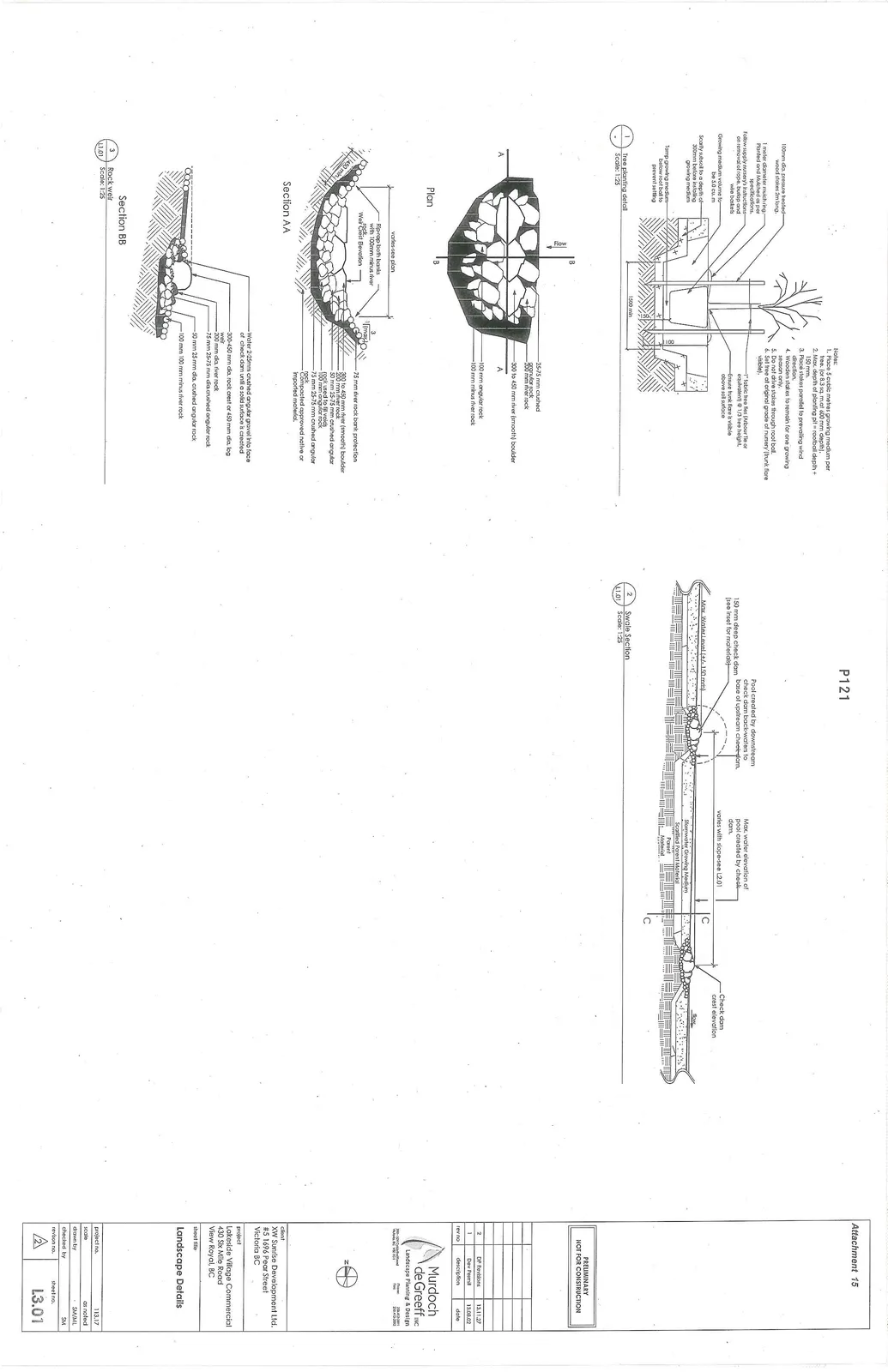 Landscape construction detail sheet L3.01 featuring tree planting, swale section, and rock weir details.