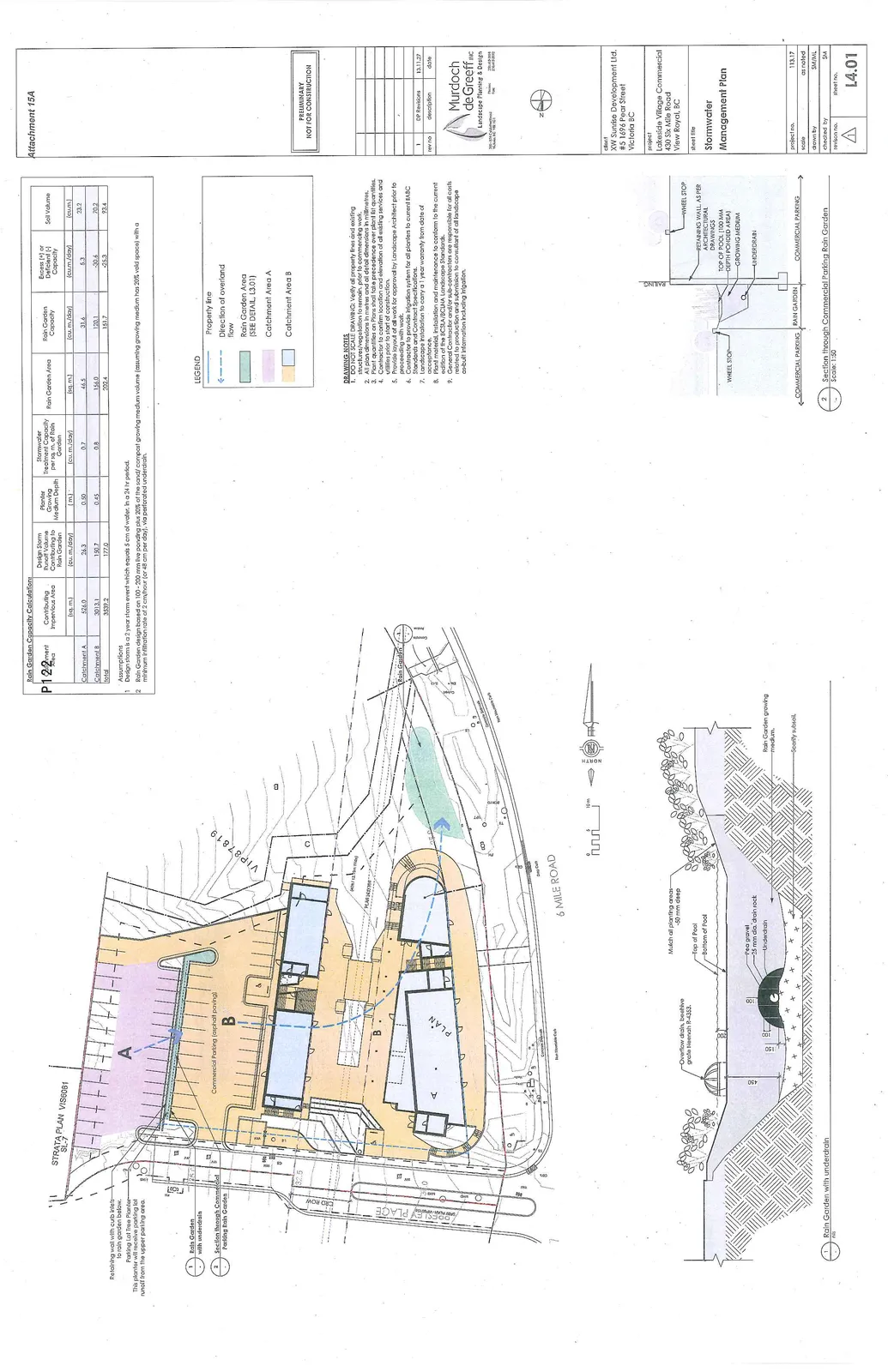 Overview of the Stormwater Management Plan drawing for Lakeside Village Commercial, including a site map, cross-section diagrams, and data tables.