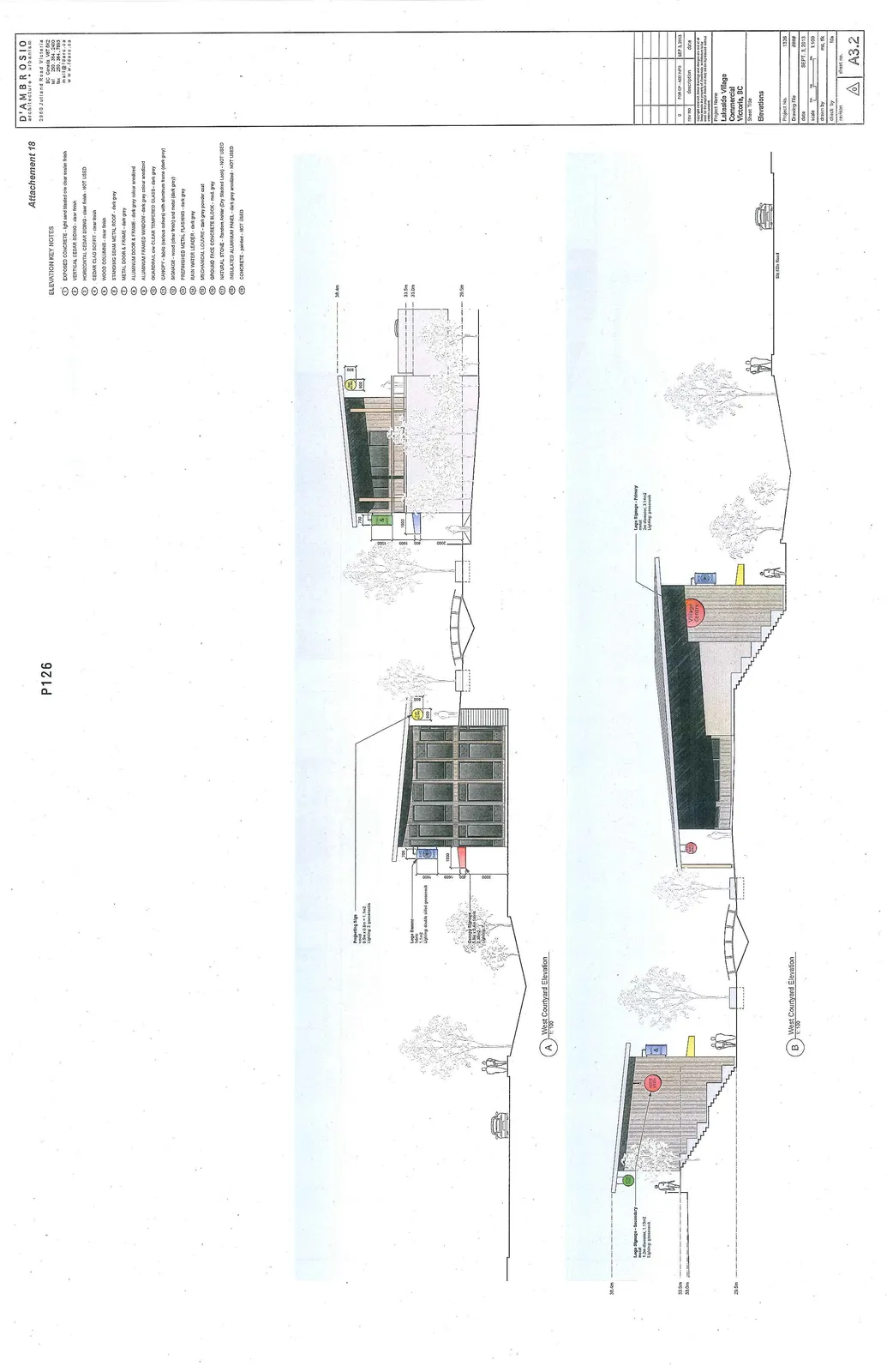 Architectural elevations showing West Courtyard Elevation A and West Courtyard Elevation B of a commercial building.
