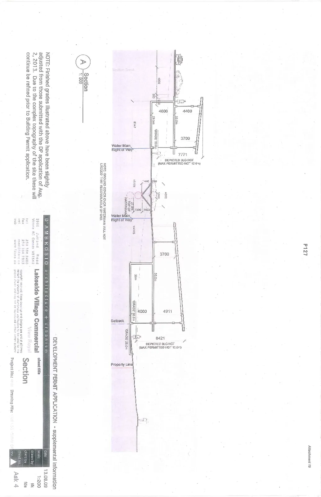 Architectural section drawing showing building profiles, heights, finished grades, and a water main right-of-way.