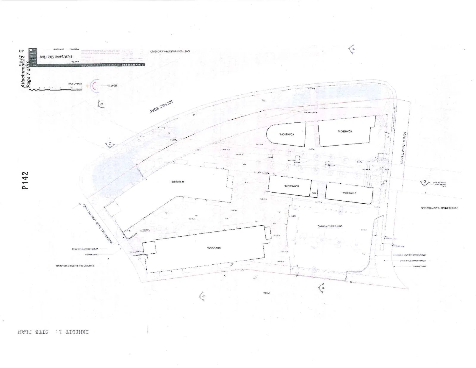 Illustrative Site Plan showing a development layout with residential and commercial buildings, a park area, and commercial parking. The property is bounded by Six Mile Road, Nursery Hill Road (Private Lane), and Road A (Private Lane).