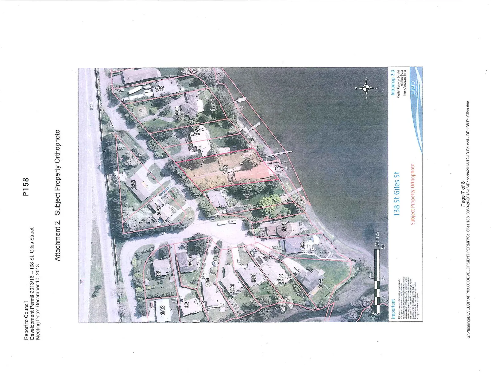 Aerial orthophoto map of the area surrounding 138 St. Giles Street. The map shows various residential lots with address labels: 148, 88, 92, 96, 100, 104, 108, 110, 114, 118, 120, 140, 138, 132, 130, 128, 127, and 125. The lot for 138 St Giles St is highlighted with a red boundary along the shoreline. The map includes a scale bar measuring 12.5, 25, and 50 metres, and a north arrow indicator.
