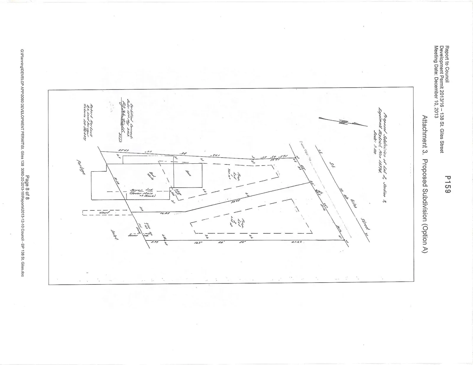 Survey map titled "Proposed Subdivision of Lot 2, Section 9, Esquimalt District, Plan 15774" for the property at 138 St. Giles Street. The plan shows the division of the property into Proposed Lot 1 (360 m²) and Proposed Lot 2 (422 m²), bordering Portage Inlet.