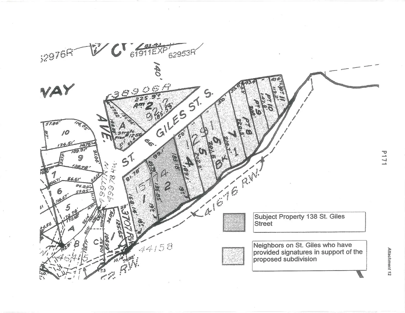 Map of subdivision properties on St. Giles St. S., identifying the subject property at 138 St. Giles Street and neighboring properties with patterned shading indicating support for the proposed subdivision.