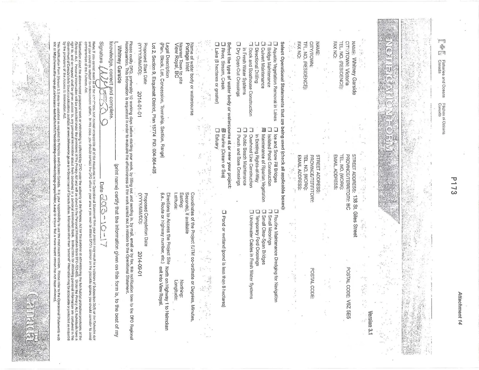 Notification form for project at Portage Inlet