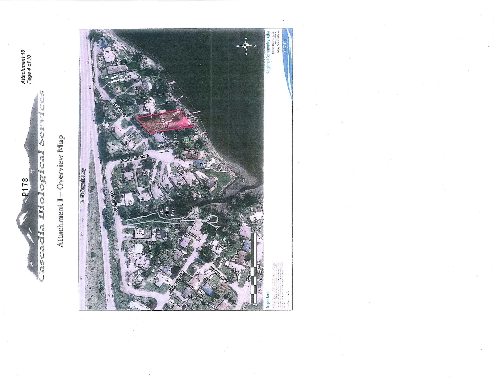 Aerial overview map showing residential lots near a body of water. Lot 138 is highlighted in pink. Nearby streets include Trans-Canada Hwy, St Giles St, Chancellor Ave, Stillwater Rd, and Lowland Rd. St. Giles Park is also labeled.