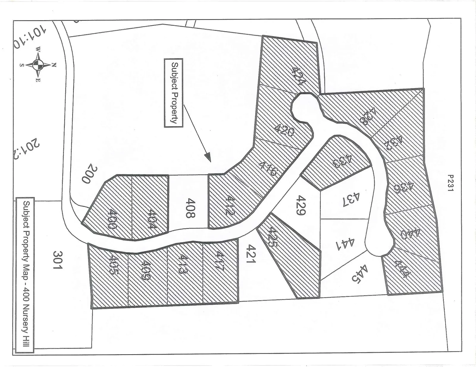 A site map showing the subject property at 400 Nursery Hill, featuring various numbered and shaded lots along a curved road, with the main subject property area labeled and pointed out.
