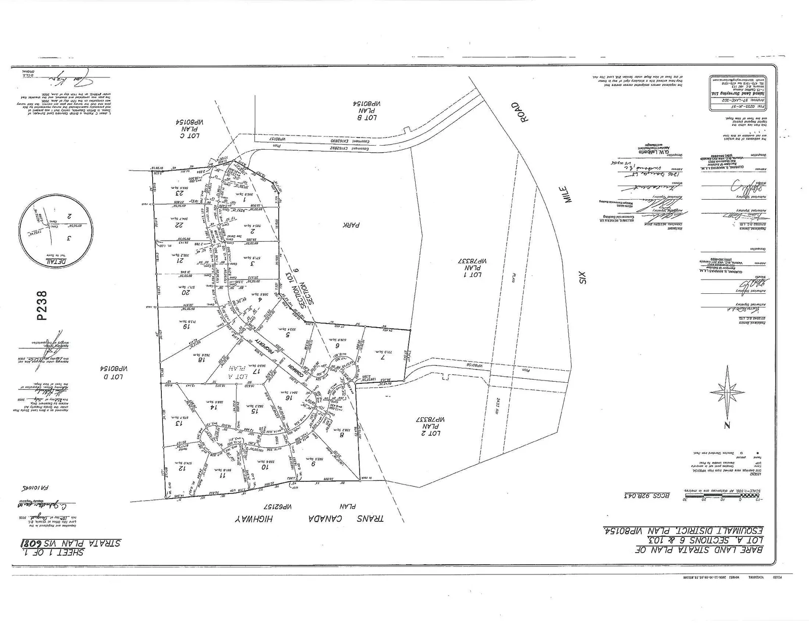 Survey plan for Bare Land Strata VIS 6081 showing Lot A, Sections 6 and 103, Esquimalt District. The map displays 23 strata lots, common property, and surrounding features including Six Mile Road, Trans Canada Highway, and a park area. A "Detail" inset shows survey measurements for specific points.