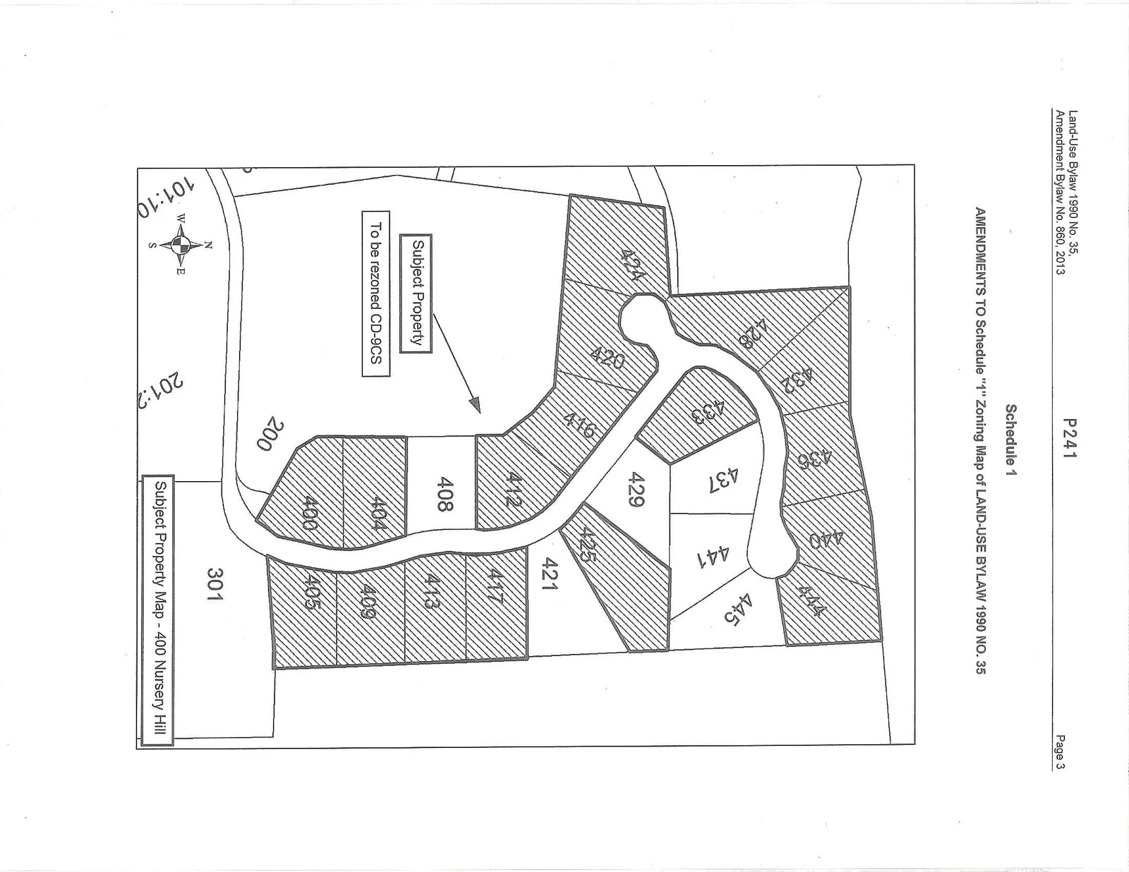 Zoning Map of land-use bylaw 1990 no. 35 showing properties on Nursery Hill (Subject Property Map - 400 Nursery Hill) with hatched areas indicating the lots to be rezoned to CD-9CS.