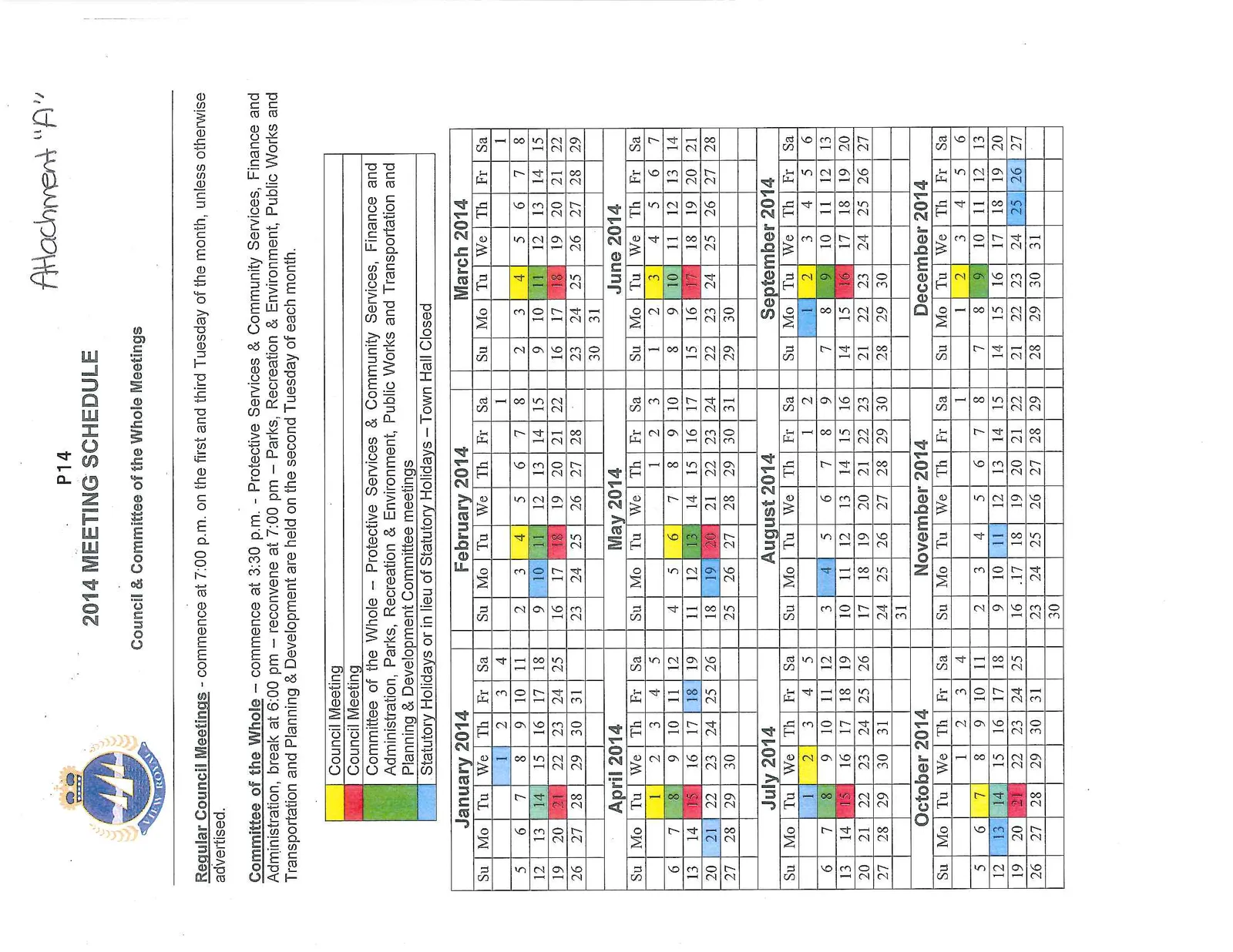 2014 Meeting Schedule calendar showing color-coded dates for Council and Committee meetings and statutory holidays.