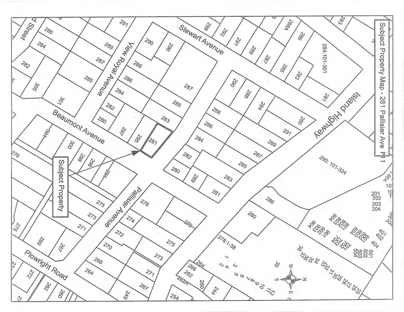 Property map highlighting the subject property at 281 Pallisier Avenue, showing surrounding streets including Island Highway, Stewart Avenue, View Royal Avenue, Beaumont Avenue, Pallisier Avenue, and Plowright Road.