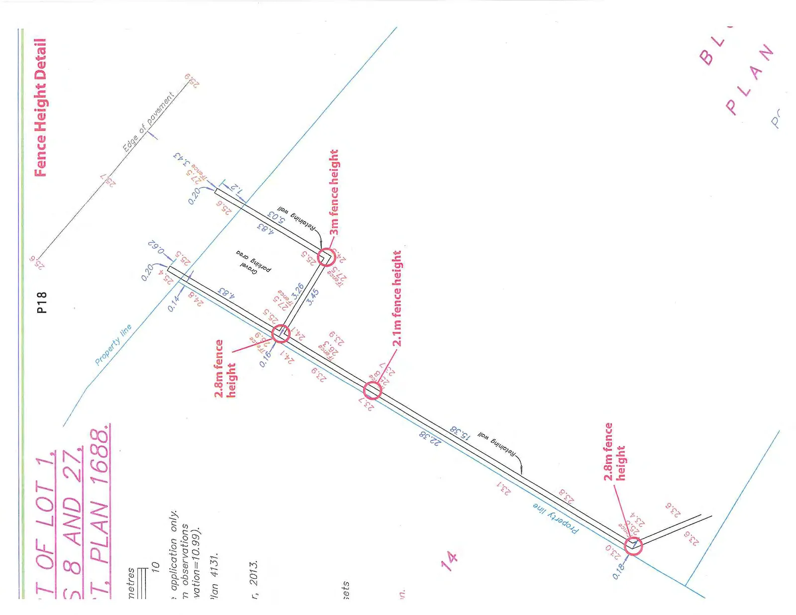 Site plan diagram showing property lines, a gravel parking area, retaining walls, and specific fence height requirements marked with red callouts.