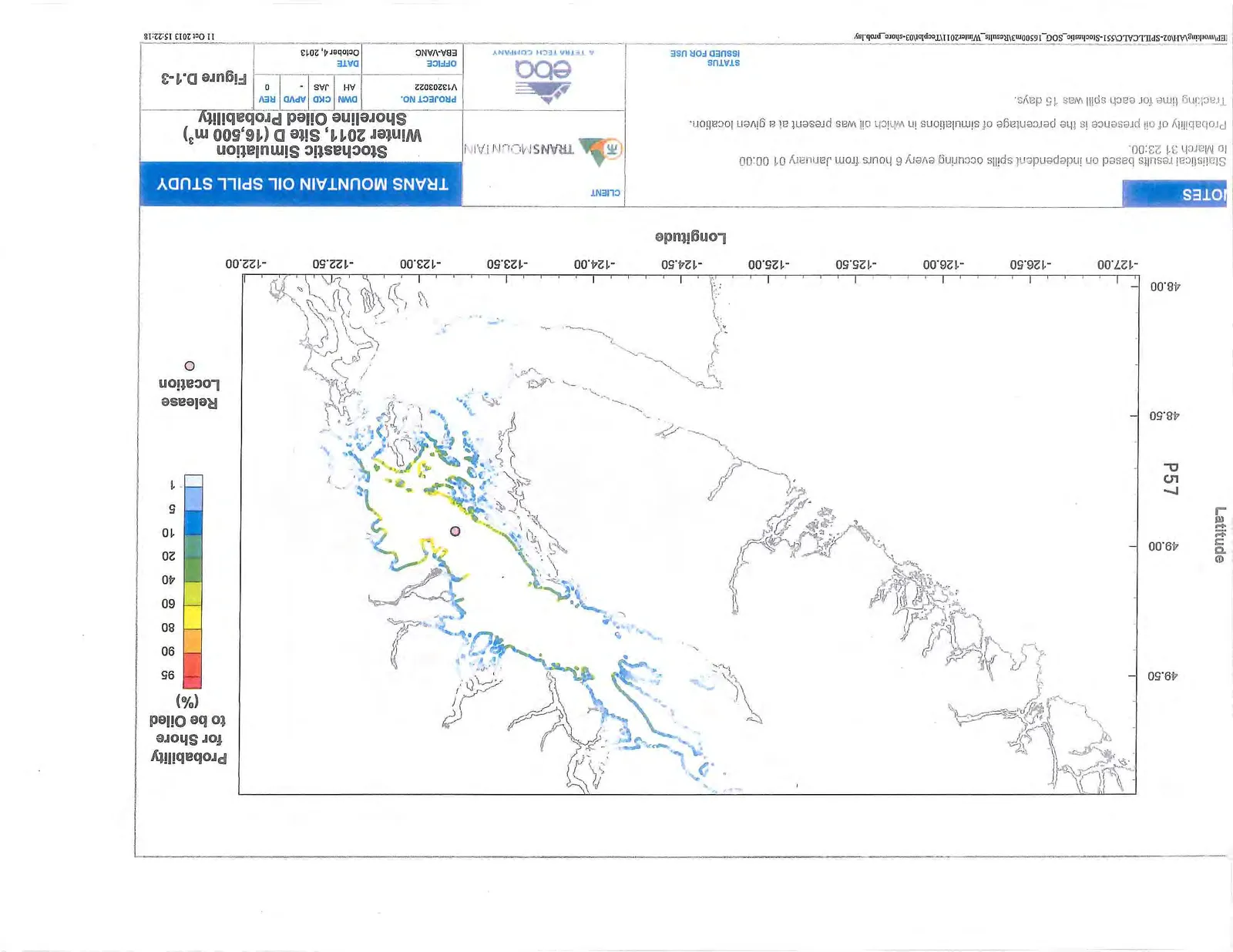 Map showing shoreline oiled probability from a stochastic simulation of a 16,500 m³ oil spill at Site D in Winter 2011