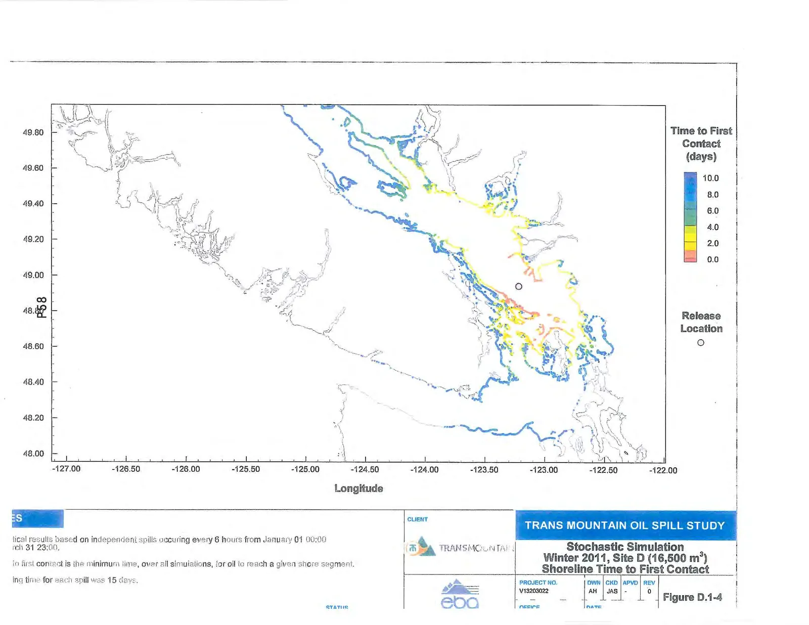 Map showing shoreline time to first contact from a stochastic simulation of a 16,500 m³ oil spill at Site D in Winter 2011