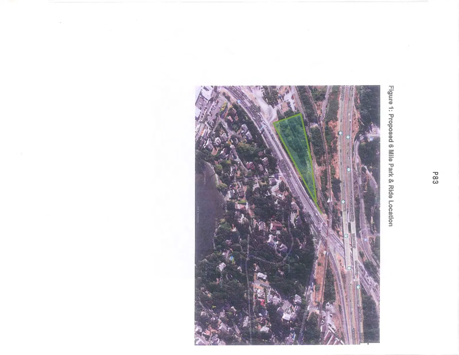 Aerial map showing the proposed 6 Mile Park & Ride location highlighted in green