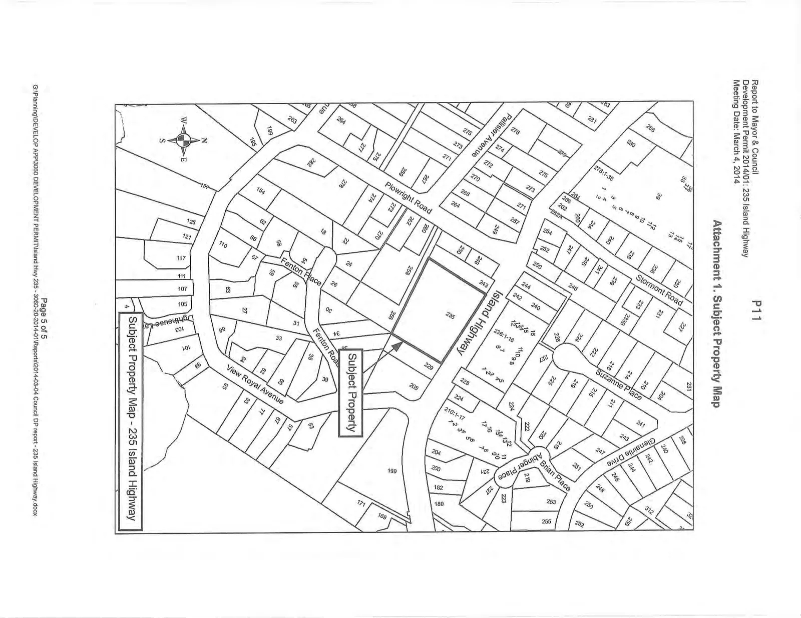 Subject property map for 235 Island Highway, illustrating the parcel boundaries and surrounding streets including Island Highway, View Royal Avenue, Fenton Road, Fenton Place, Plowright Road, Stormont Road, Suzanne Place, and Glenairlie Drive.