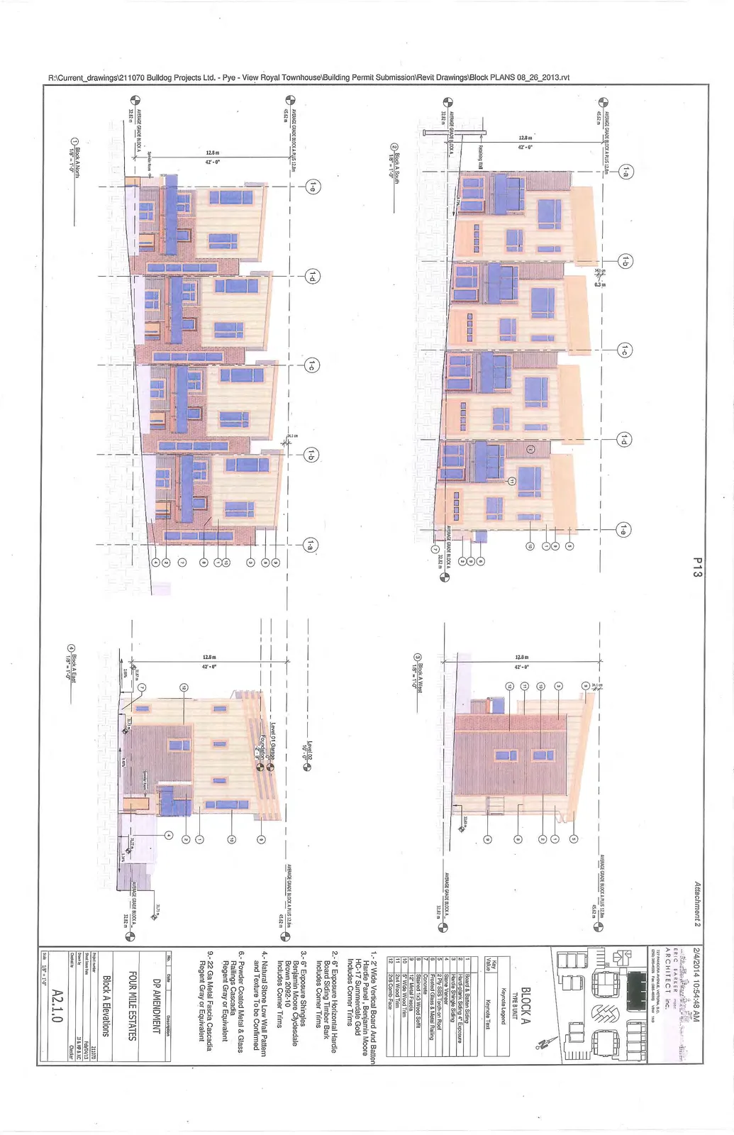 Architectural elevation drawings for Block A, showing South, North, West, and East views with grade markers, floor levels, and material keynotes.