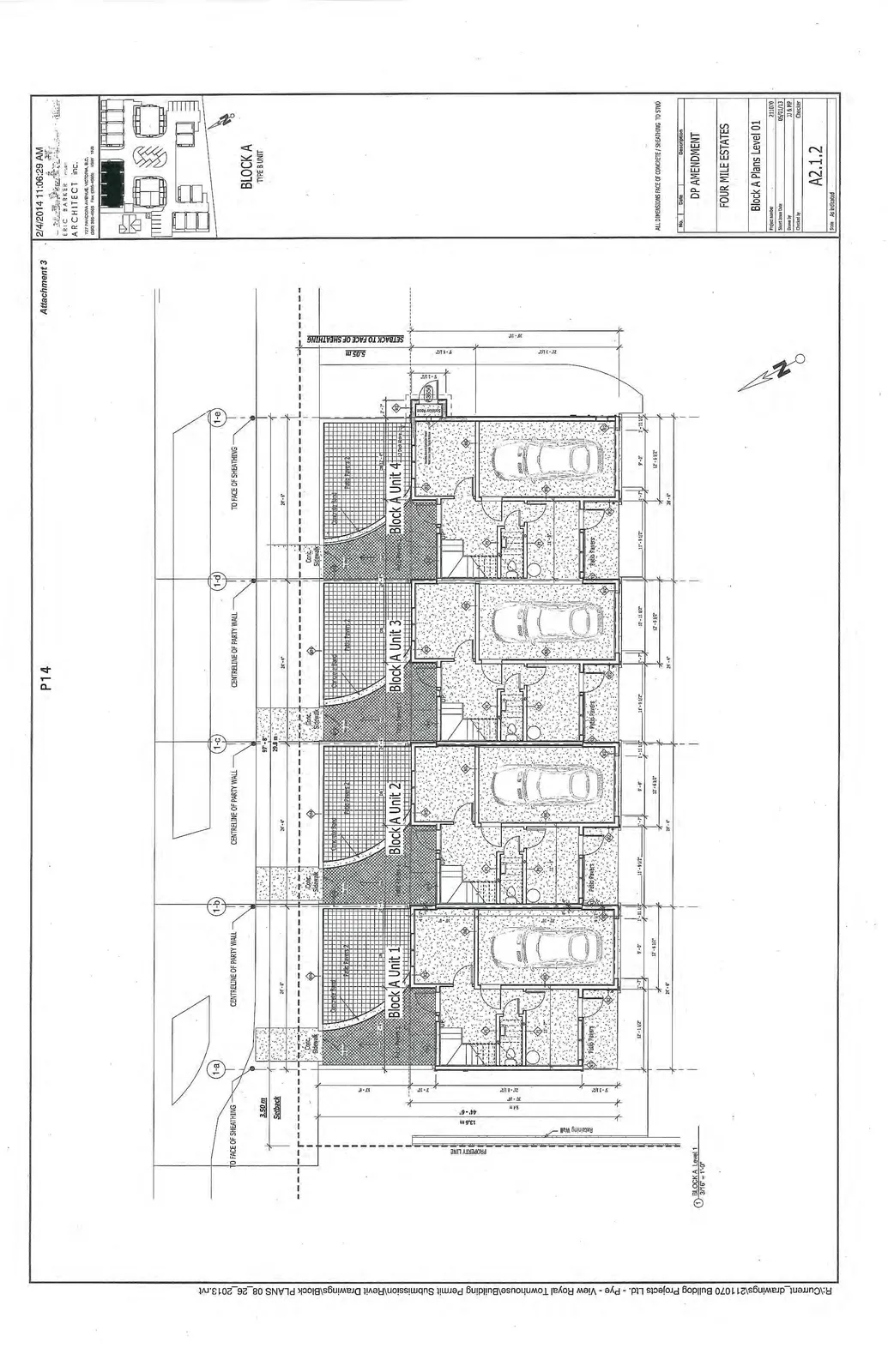 Architectural floor plan for Block A Level 01, depicting four townhouse units (Block A Unit 1 through Unit 4). The plan shows the ground floor layout including garages, entryways, patio pavers, and concrete sidewalks, along with structural and site dimensions.
