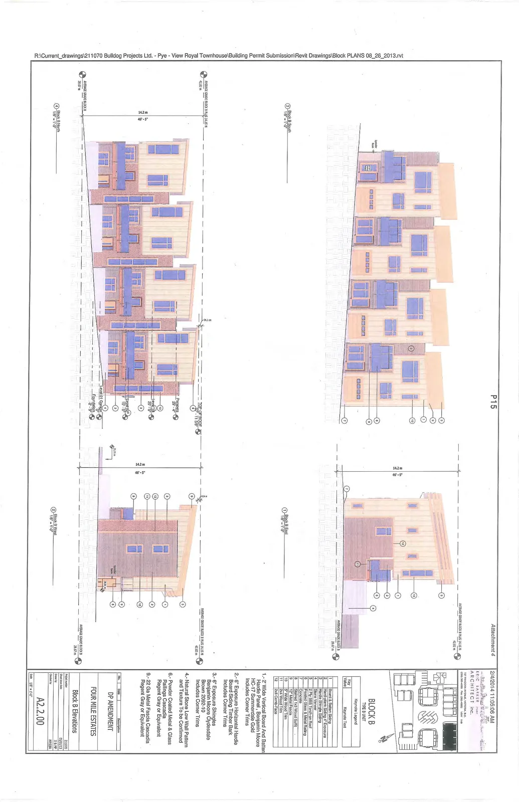 Architectural elevation drawings for Block B of Four Mile Estates, featuring South, East, North, and West views. The sheet includes height markers, grade lines, a material keynote legend, and a small site plan diagram highlighting the location of Block B.