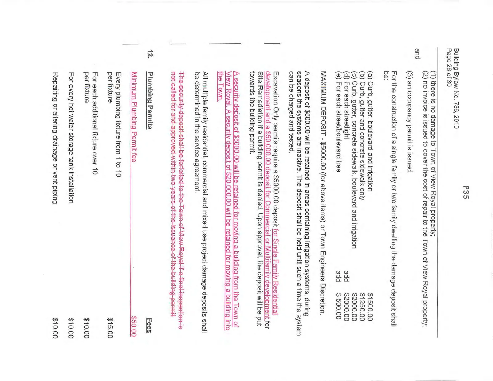 Security Deposit requirements and start of Plumbing Permits fee table with amendments in red