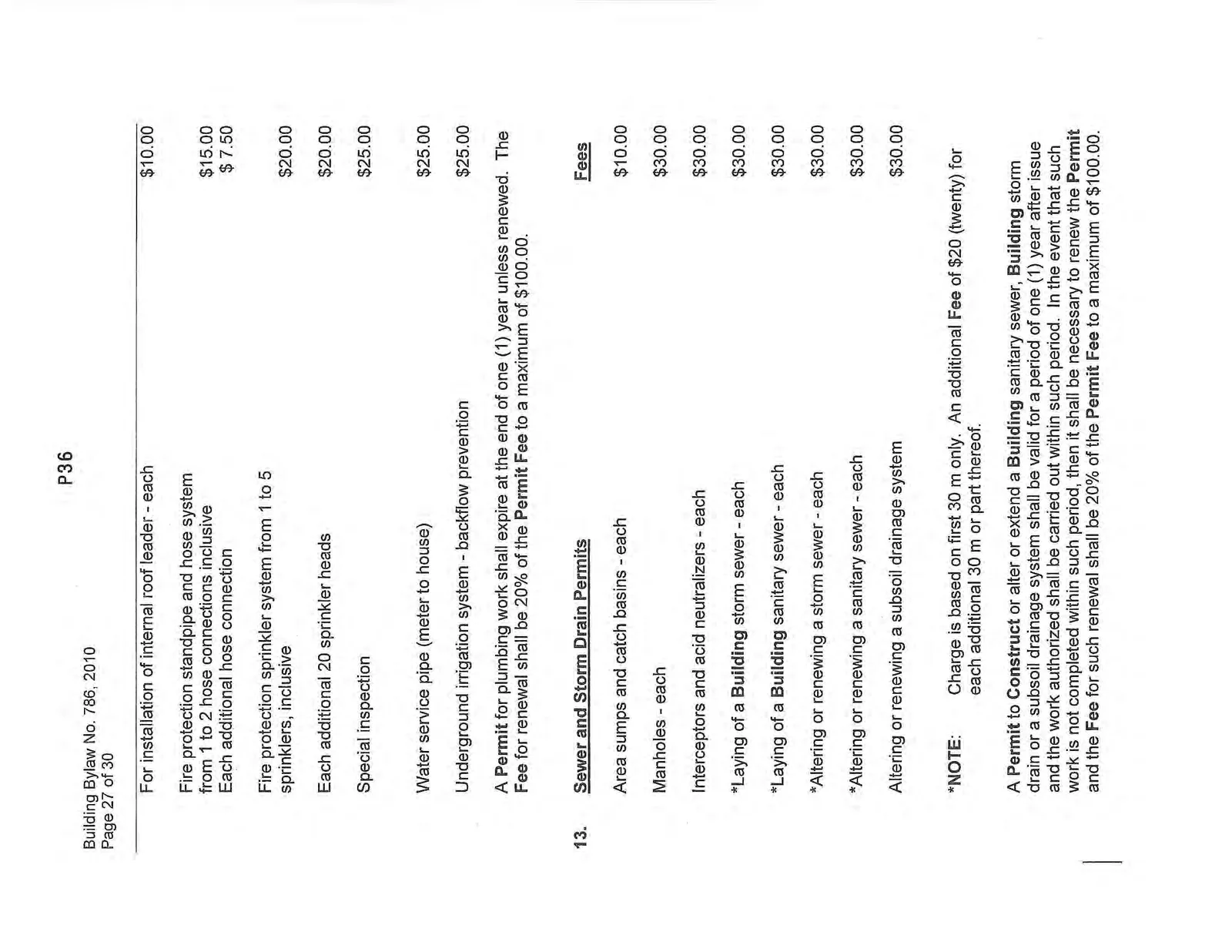 Conclusion of Plumbing Permits table and Sewer and Storm Drain Permits fee table