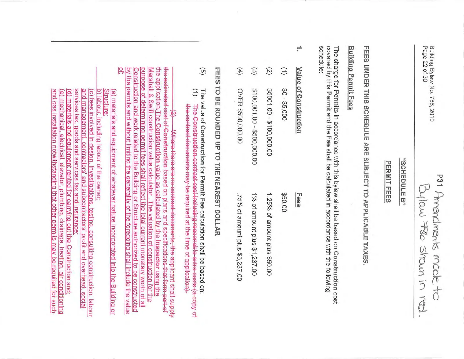Building Permit Fees and Value of Construction table with amendments in red